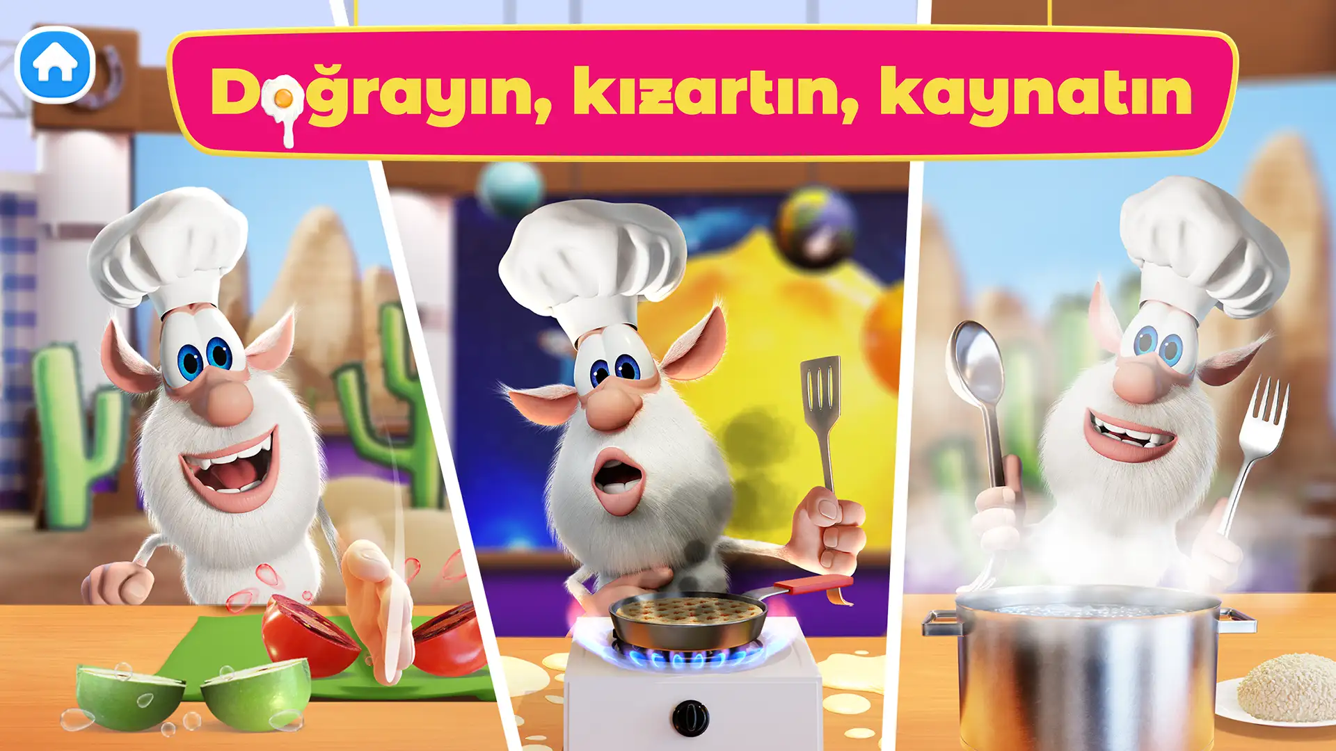 Telefon ekranında Booba ile yemek pişirme mini oyunlarından birinin ekran görüntüsü